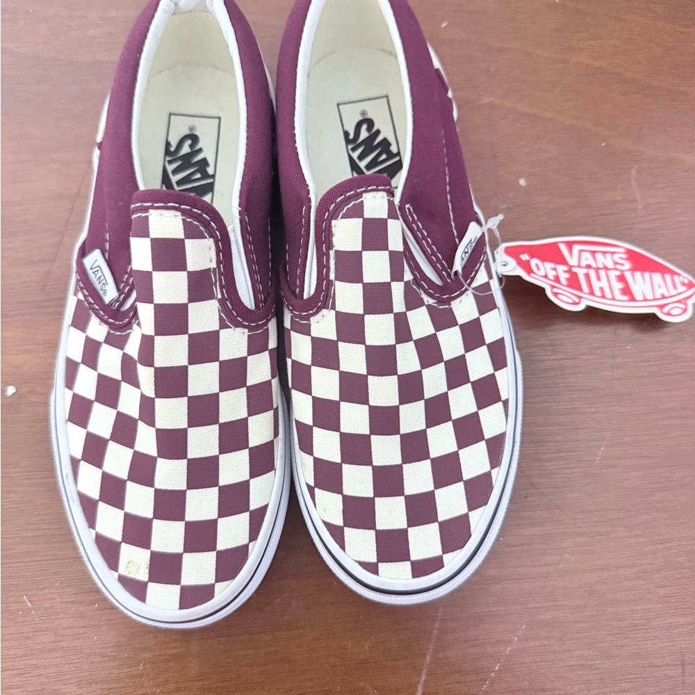 Vans Kids Burgundy and Cream Checkered Slip-On Sneakers